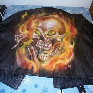 Vintage FMC leather motorcycle jacket with custom hand painted flaming skull